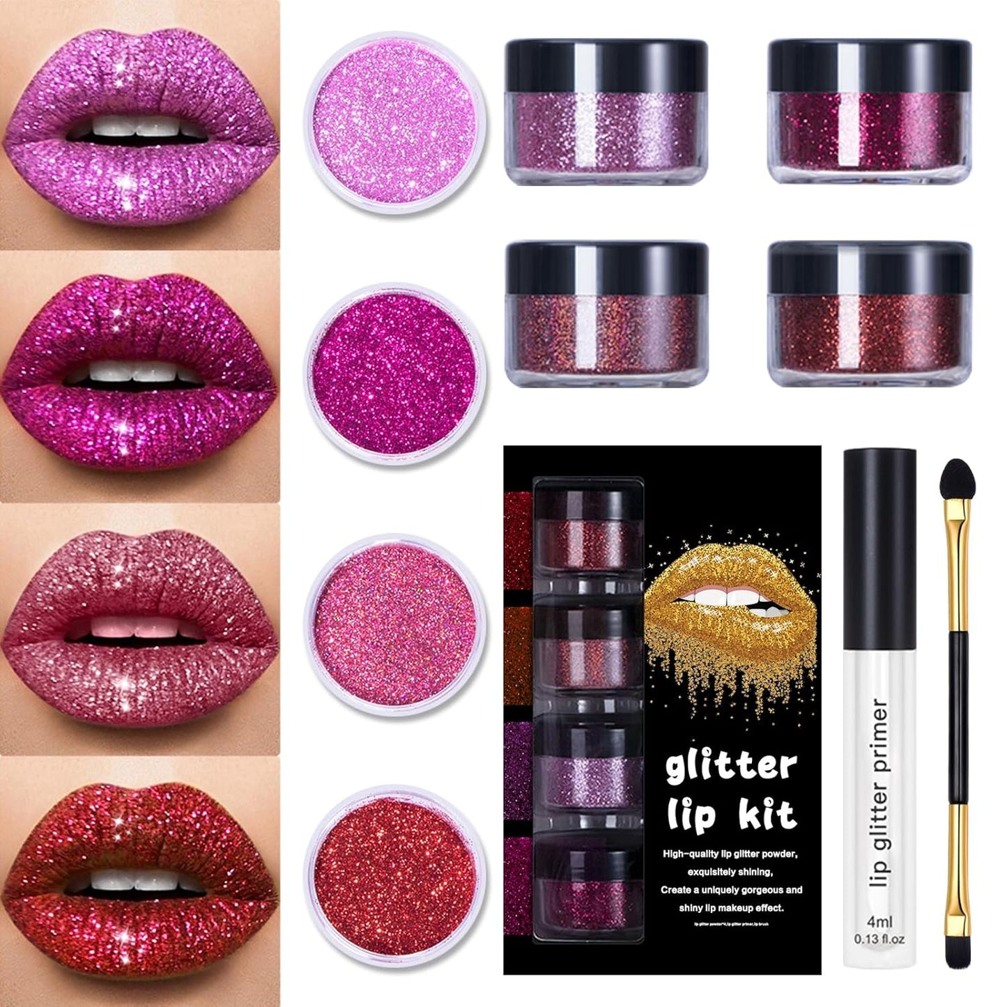 4 Colors Glitter Lip Kit - Shiny Diamond and Metallic Glitter Lipstick Gloss Pigment Powder, Waterproof & Long Lasting Shimmer Lip Makeup Set for Women (Set a Warm Color)