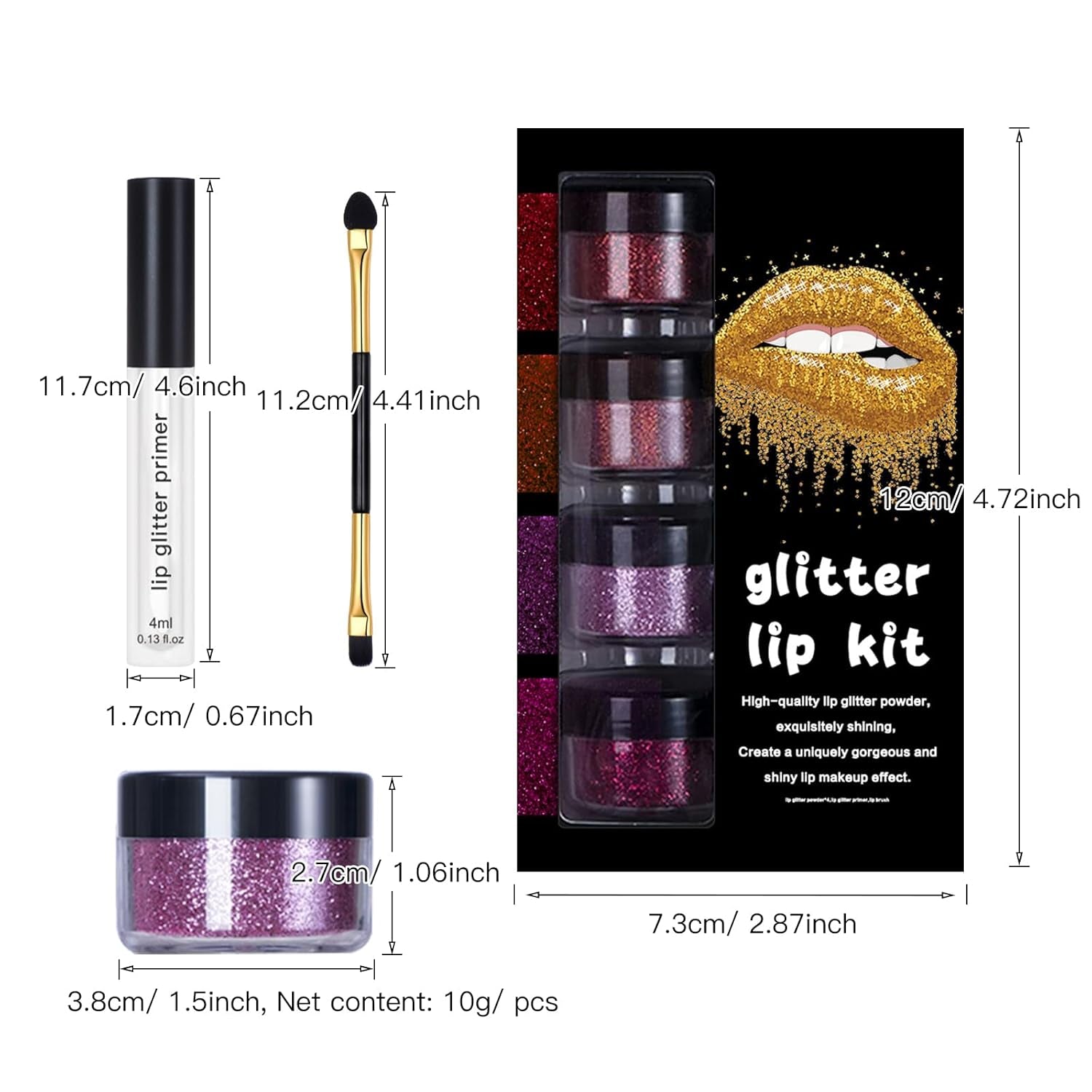 4 Colors Glitter Lip Kit - Shiny Diamond and Metallic Glitter Lipstick Gloss Pigment Powder, Waterproof & Long Lasting Shimmer Lip Makeup Set for Women (Set a Warm Color)