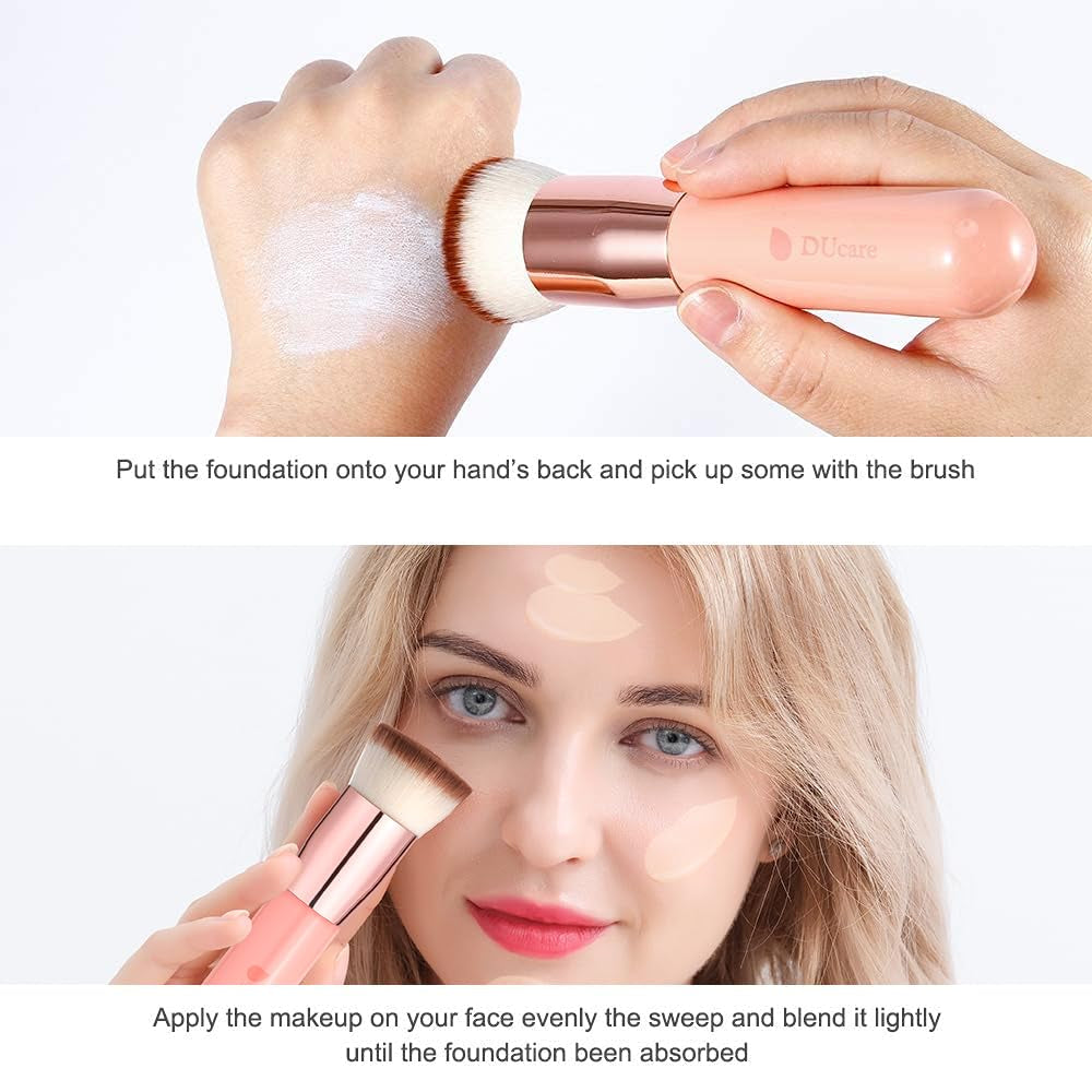 Self Tanner Brush Kabuki Foundation Brush for Liquid Makeup Flat Top Professional Stick Buffing Blending Mineral Powder Large Makeup Face Brush, Pink