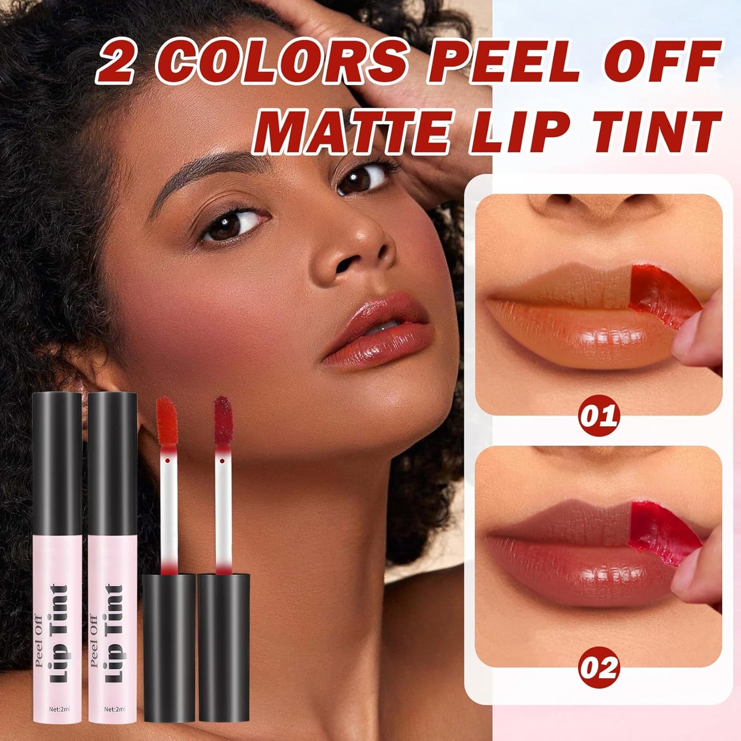 2 Colors Peel off Lip Stain Peel off Lip Tint Stain Matte Lip Tattoo Peel off Long Lasting Waterproof Lip Peel off Stain Non-Stick Cup Peel off Lip Stain (01+02)