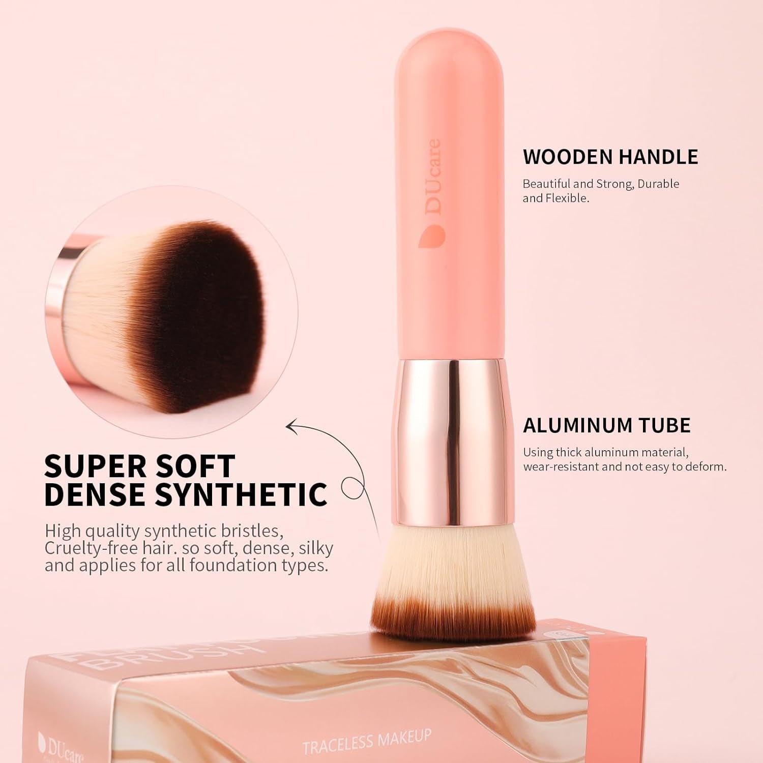 Self Tanner Brush Kabuki Foundation Brush for Liquid Makeup Flat Top Professional Stick Buffing Blending Mineral Powder Large Makeup Face Brush, Pink