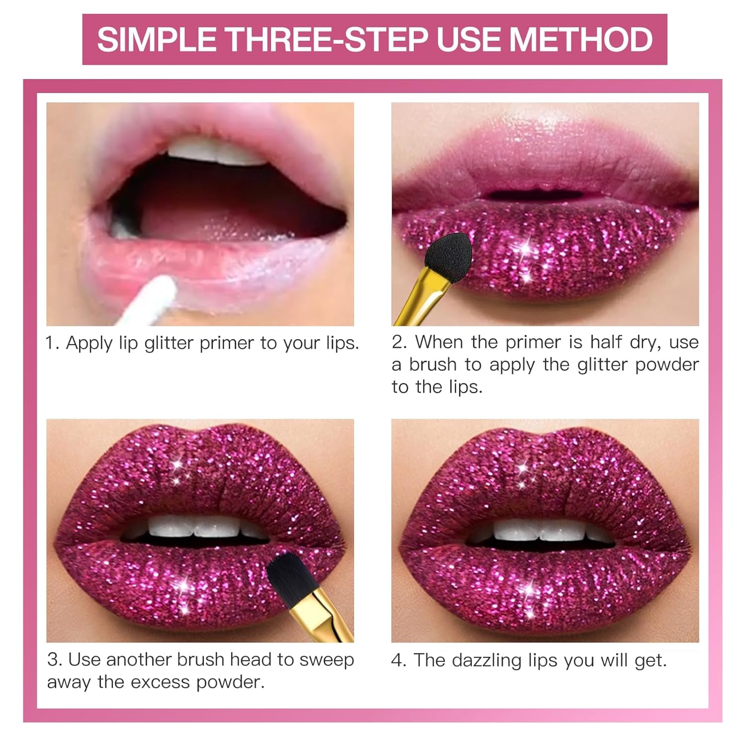 4 Colors Glitter Lip Kit - Shiny Diamond and Metallic Glitter Lipstick Gloss Pigment Powder, Waterproof & Long Lasting Shimmer Lip Makeup Set for Women (Set a Warm Color)
