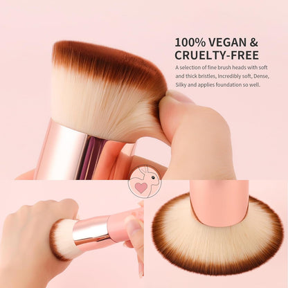 Self Tanner Brush Kabuki Foundation Brush for Liquid Makeup Flat Top Professional Stick Buffing Blending Mineral Powder Large Makeup Face Brush, Pink