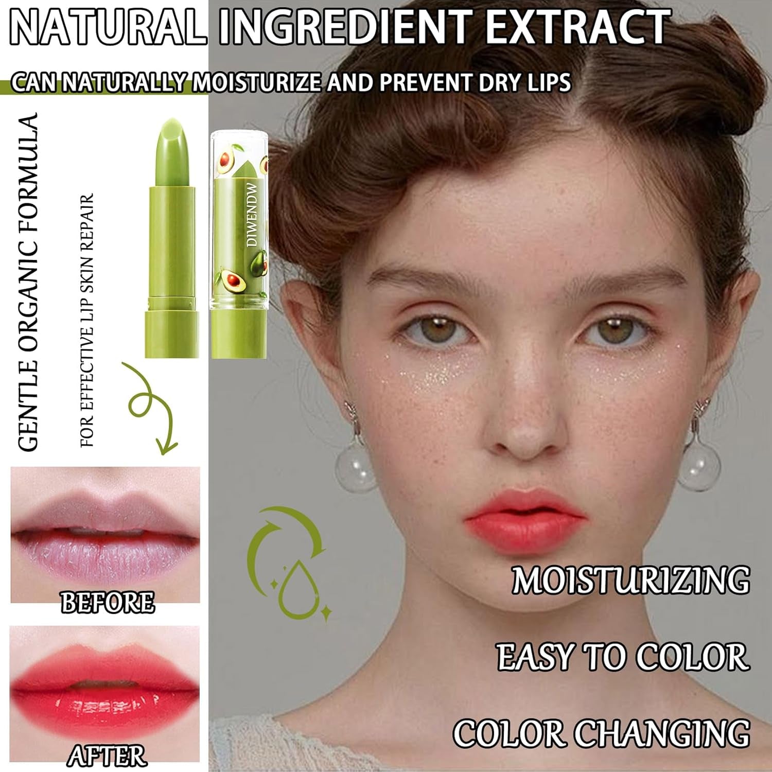 4 Pcs Avocado Color Changing Lipstick for Women,Ph Mood Magic Lipstick Makeup Gift Set,Waterproof Lip Moisturizer Pigmented Long Lasting Tinted Color Change Labiales Lip Gloss Balm Stain