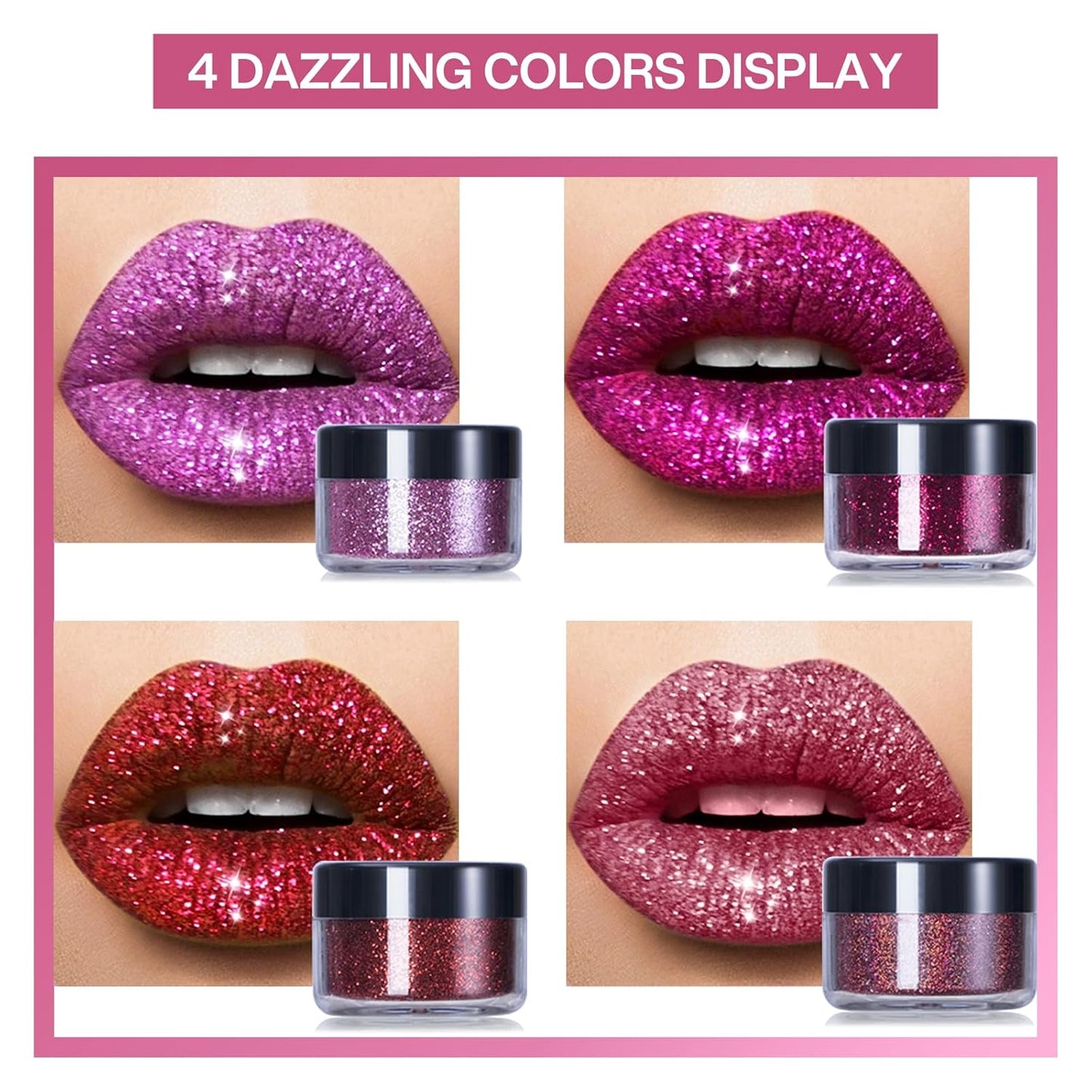 4 Colors Glitter Lip Kit - Shiny Diamond and Metallic Glitter Lipstick Gloss Pigment Powder, Waterproof & Long Lasting Shimmer Lip Makeup Set for Women (Set a Warm Color)