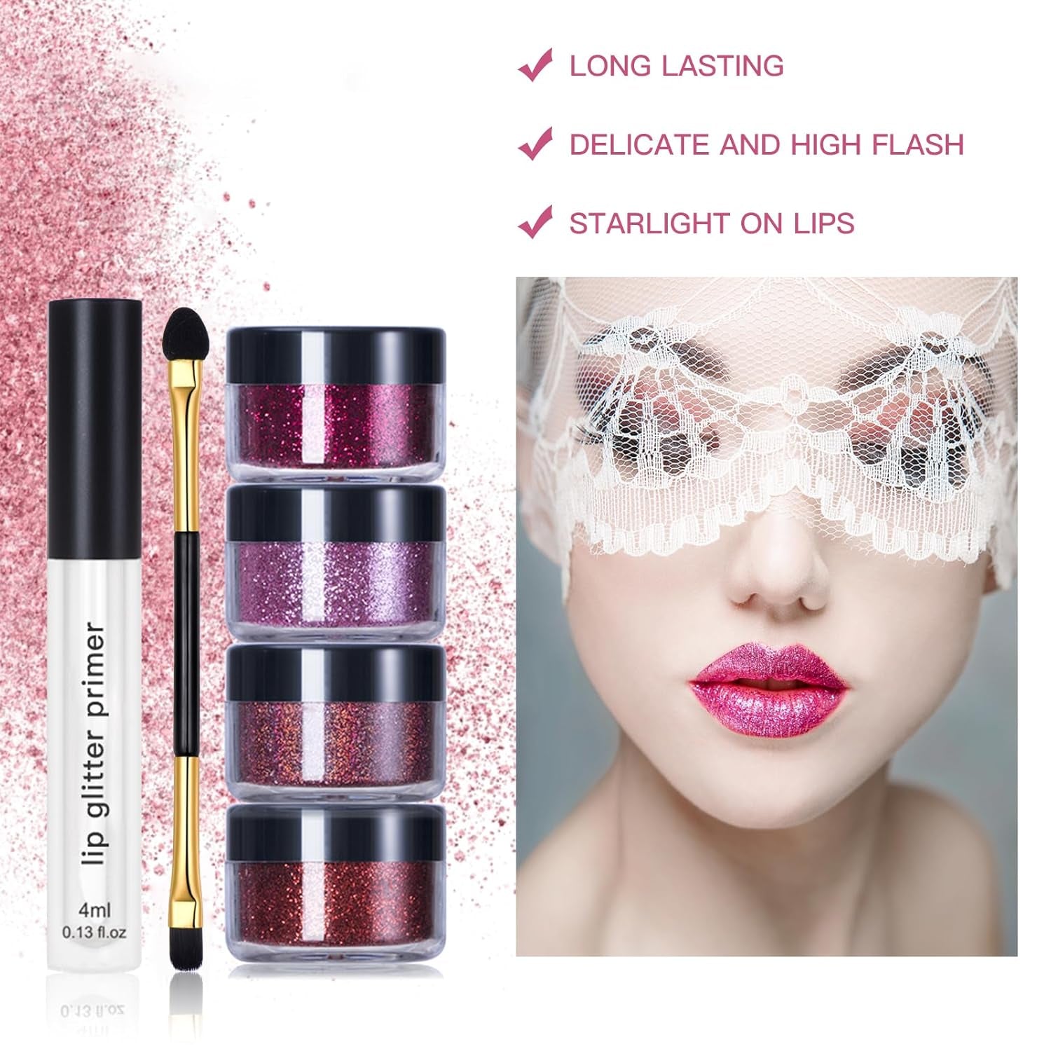 4 Colors Glitter Lip Kit - Shiny Diamond and Metallic Glitter Lipstick Gloss Pigment Powder, Waterproof & Long Lasting Shimmer Lip Makeup Set for Women (Set a Warm Color)