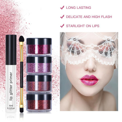 4 Colors Glitter Lip Kit - Shiny Diamond and Metallic Glitter Lipstick Gloss Pigment Powder, Waterproof & Long Lasting Shimmer Lip Makeup Set for Women (Set a Warm Color)