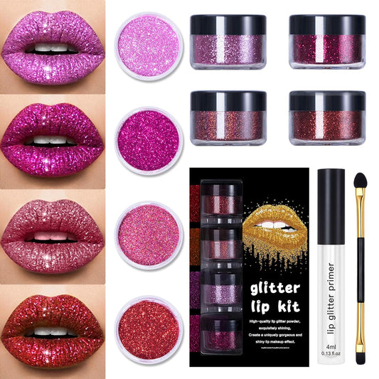 4 Colors Glitter Lip Kit - Shiny Diamond and Metallic Glitter Lipstick Gloss Pigment Powder, Waterproof & Long Lasting Shimmer Lip Makeup Set for Women (Set a Warm Color)