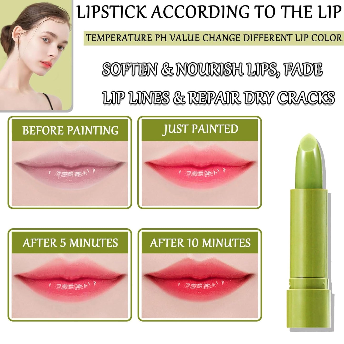 4 Pcs Avocado Color Changing Lipstick for Women,Ph Mood Magic Lipstick Makeup Gift Set,Waterproof Lip Moisturizer Pigmented Long Lasting Tinted Color Change Labiales Lip Gloss Balm Stain